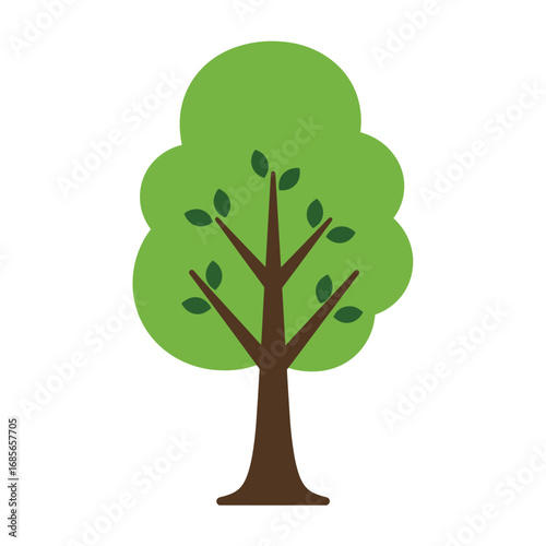 A vibrant green deciduous tree with a thick brown trunk and spreading branches bearing numerous small leaves, rendered in a simple, flat graphic style