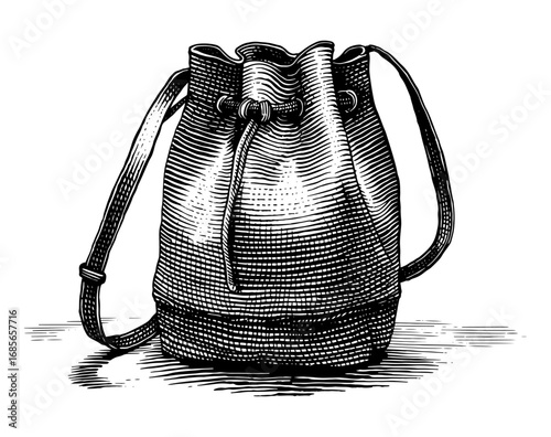 Drawstring backpack in a detailed black and white woodcut style