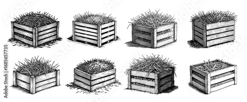 Wooden crates with hay in a vintage woodcut style in black and white