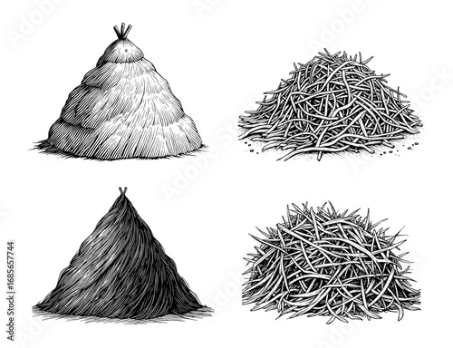 Piles of hay in a vintage woodcut style in black and white