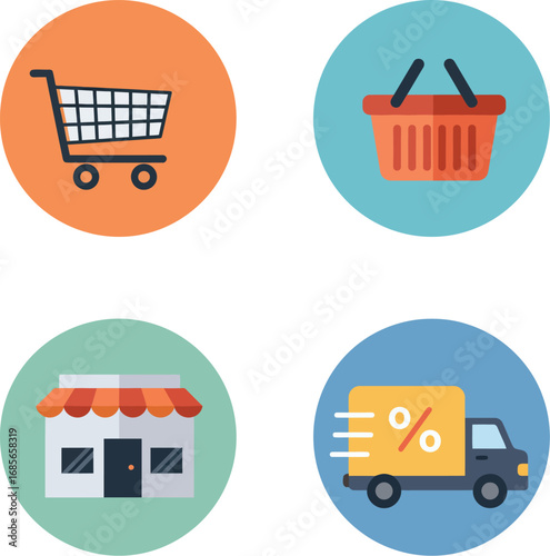 A versatile collection of flat design vector icons representing online shopping, e-commerce business, retail storefront, and express delivery services for digital marketing