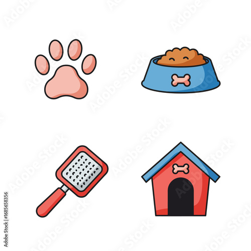 A charming set of colorful dog care icons, featuring a paw print, food bowl, grooming brush, and kennel. Perfect for veterinary or pet shop themes