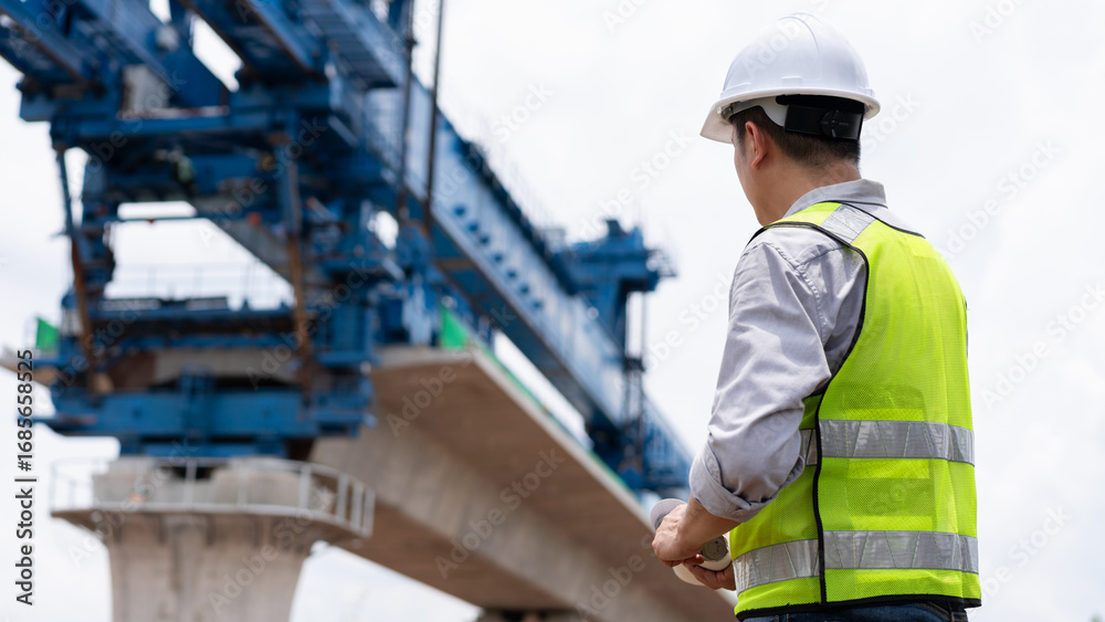 Surveyors and civil engineers using a theodolite and road construction plans to measure and inspect during the building process. Surveyors and civil engineers using a theodolite and road construction plans to measure and inspect during the building process.