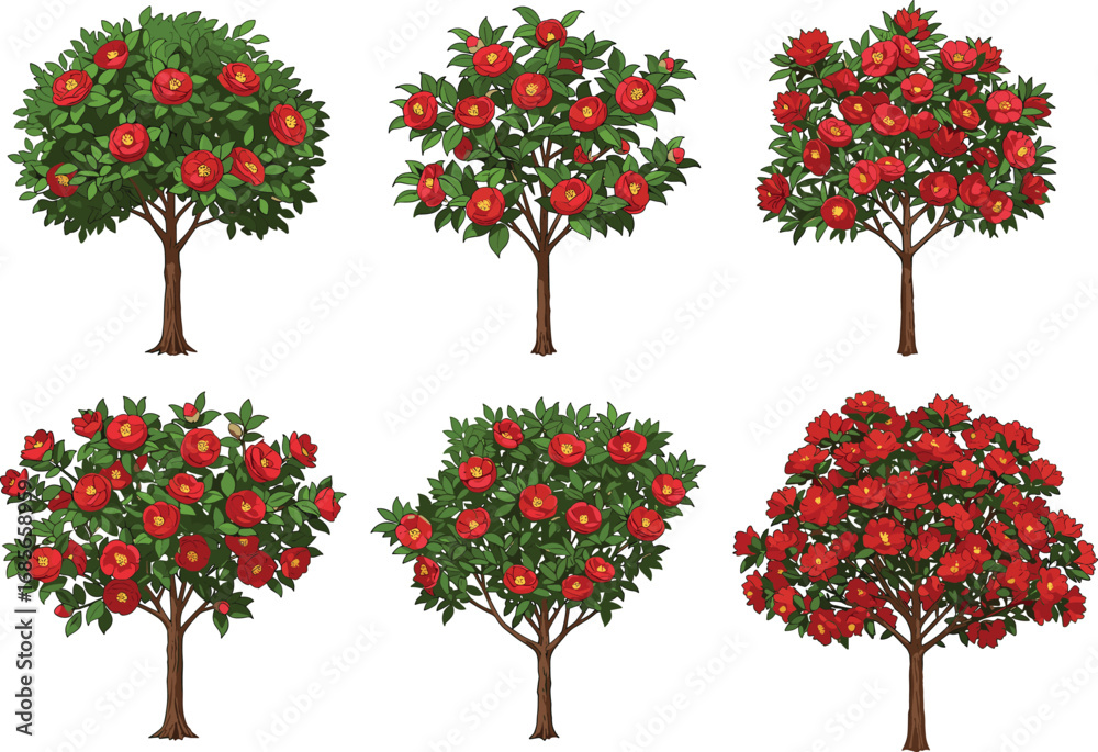 Naklejka premium Beautiful red flower tree illustration set with green leaves and detailed branches, floral nature vector design for decoration and landscape artwork