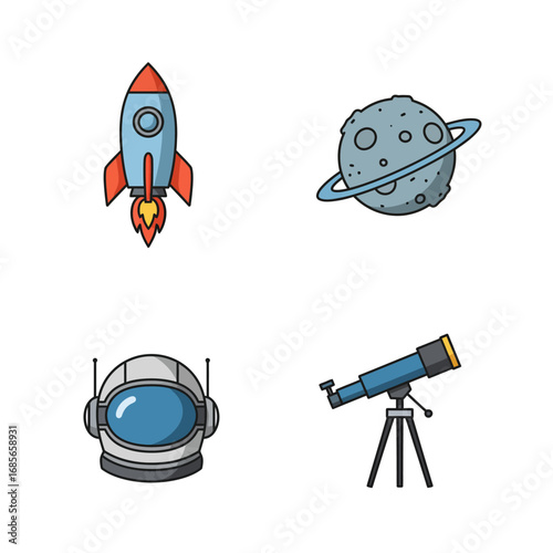 A vibrant set of cartoon-style space exploration icons, featuring a rocket launch, a ringed planet, an astronaut's helmet, and a telescope