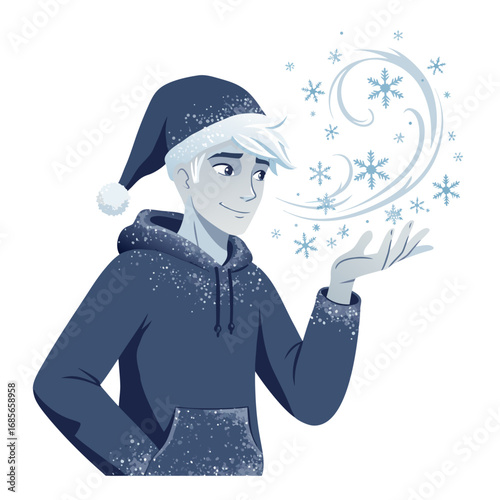 Icy magical character blowing frosty wind with snowflakes swirling, white background, vector, isolated  