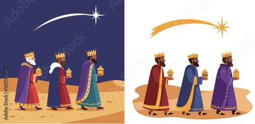 Three Wise Men walking in desert under star with gifts for nativity scene, dark and white background, vector set, isolated  