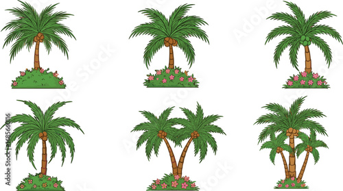 Cartoon palm trees with coconuts, tropical island landscape, summer nature scene, green foliage, floral base, vector illustration for kids