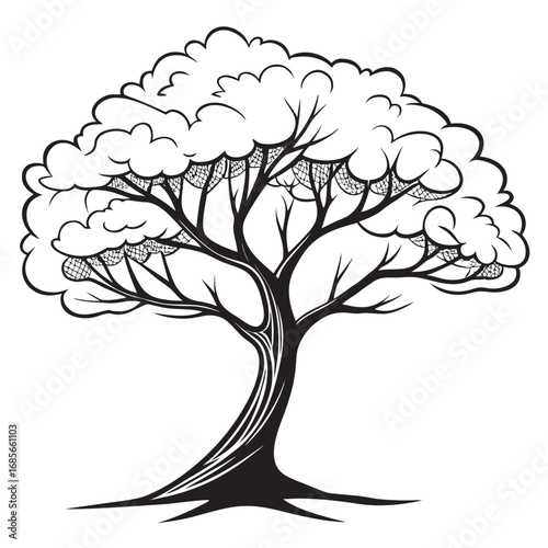 "Create a black and white illustration of a stylized tree with a curvy trunk, multiple flowing branches, and a full, rounded canopy made of soft, cloud-like clusters of leaves, giving a sense of grace