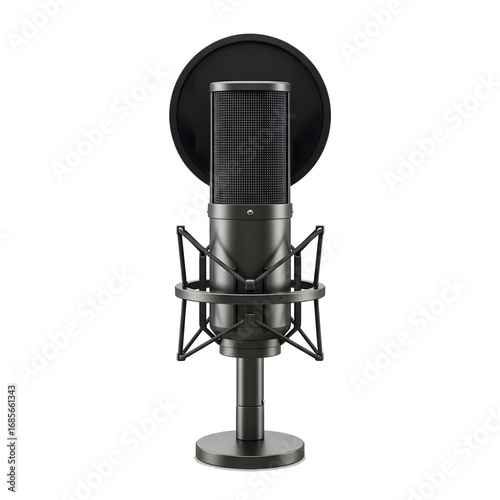 A modern studio microphone with a pop filter against a simple background. The microphone is used for recording vocals or instruments