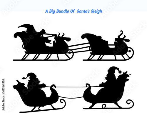 Silhouette Set of Santa Claus in Sleigh with Reindeer for Christmas