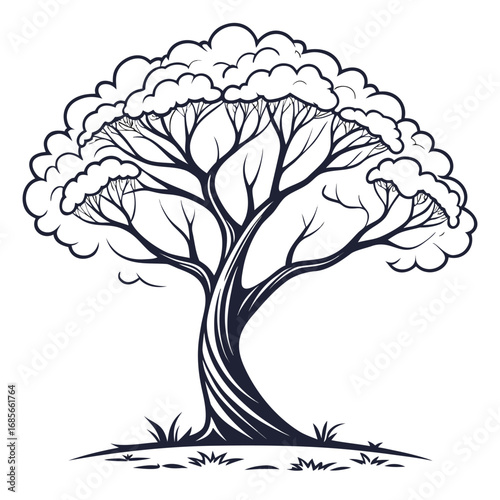 "Create a black and white illustration of a stylized tree with a curvy trunk, multiple flowing branches, and a full, rounded canopy made of soft, cloud-like clusters of leaves, giving a sense of grace