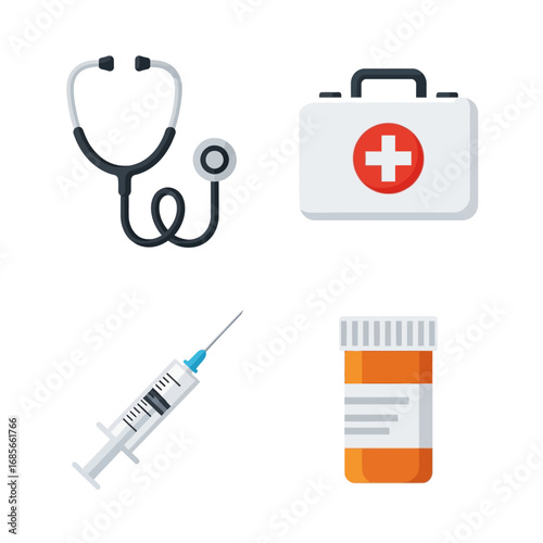 A vector collection of flat design medical and healthcare icons. This set includes a stethoscope, first aid kit, syringe, and medicine bottle, representing diagnosis, treatment, and emergency care
