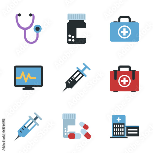 Flat design medical icon collection featuring hospital, pharmacy, and emergency care symbols on a white background
