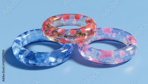 Three translucent rings, layered, showcasing abstract patterns in shades of blue, pink, and orange