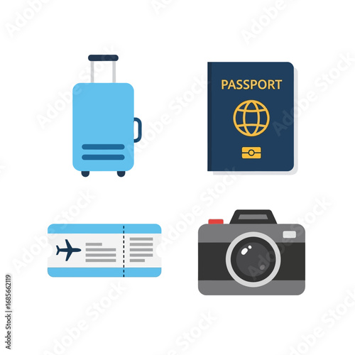 Collection of essential travel and vacation flat icons including passport, luggage, camera, and flight ticket. Vector illustration set for tourism and journey concepts