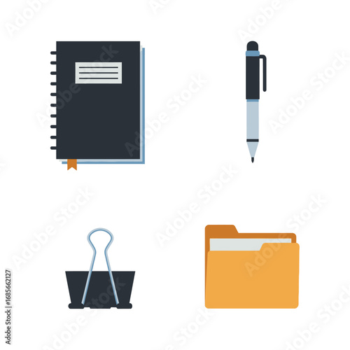 A collection of essential office and school supply icons in a flat design style, featuring a notebook, pen, binder clip, and file folder for organization