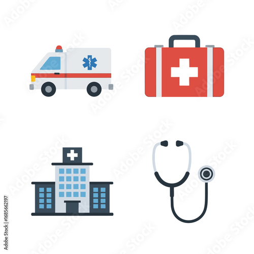 A collection of flat vector icons representing healthcare and medical services, including an ambulance, hospital, first aid kit, and stethoscope
