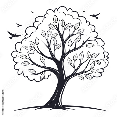 "Create a black and white illustration of a stylized tree with a curvy trunk, multiple flowing branches, and a full, rounded canopy made of soft, cloud-like clusters of leaves, giving a sense of grace