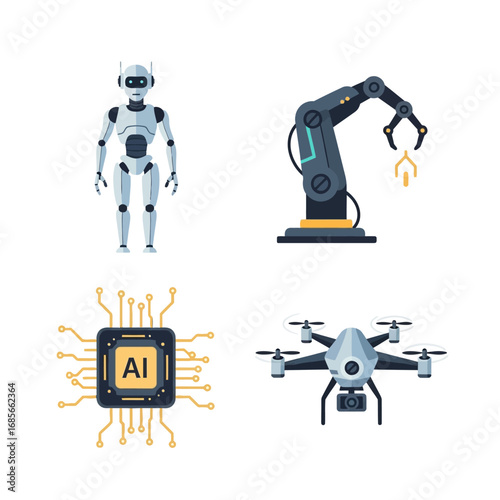 Advanced robotics and artificial intelligence concept icons. A flat vector illustration set showing a cyborg, industrial arm, AI processor, and drone