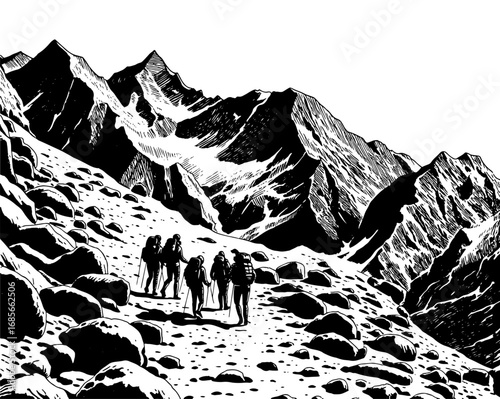 Group of hikers trekking through a  rocky mountain pass