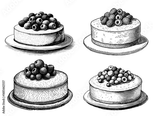 Berry cakes in a black and white etching style