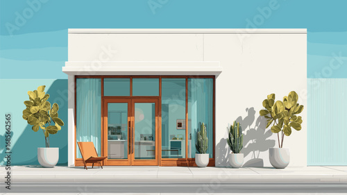 Modern white storefront with wooden door, potted plants, and bright turquoise wall backdrop

