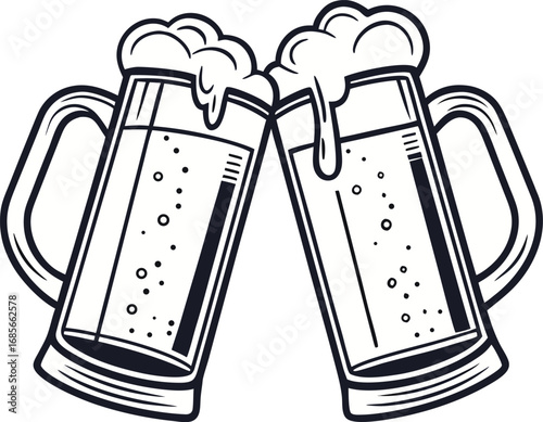 Two beer mugs toasting with frothy beer