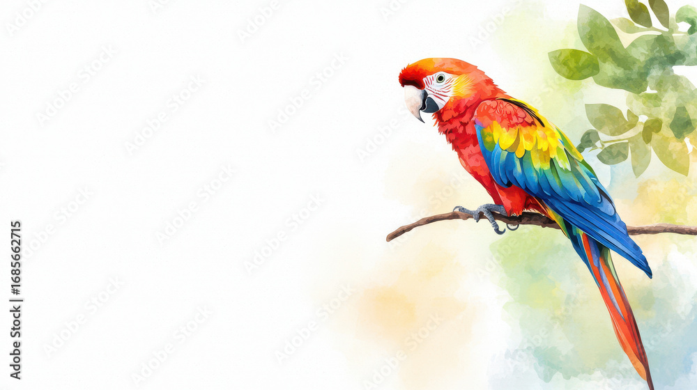 Fototapeta premium Vibrant watercolor illustration of parrot perched on branch, showcasing bright red, green, and blue feathers against soft, colorful background