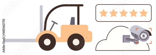 Forklift in action near a cloud storage surveillance camera and a five-star rating icon. Ideal for logistics, warehouse management, safety monitoring, quality control, technology, customer feedback