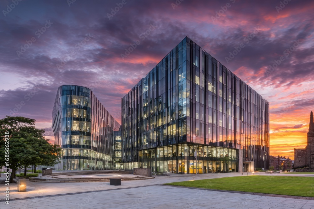 Obraz premium Modern office buildings at sunset.