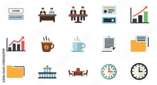 Depicts business and office related icons in a flat style