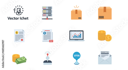 Icon set featuring business and technology related elements