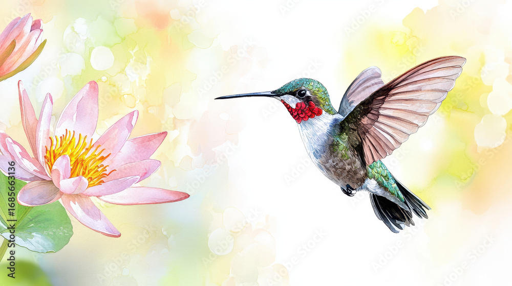 Obraz premium Vibrant hummingbird in flight near pink water lily, showcasing nature beauty and grace. delicate colors create serene atmosphere