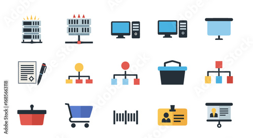 Depicts office equipment items and organizational structures