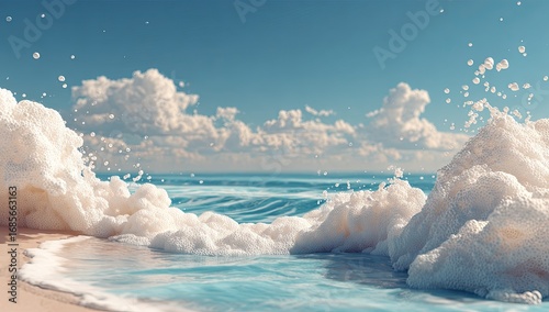 Frothy waves crash on a sandy beach