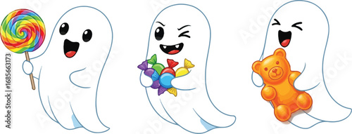 Cute cartoon ghosts, one holding a colorful lollipop, another holding candies, and third one holding a teddy bear, perfect for halloween designs