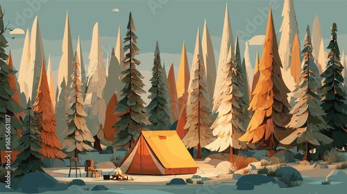 
Orange tent in snowy pine forest with sunlight casting golden glow on tall slender trees in winter scene


