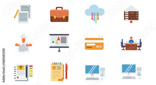 Various business and office related icons in a flat design set