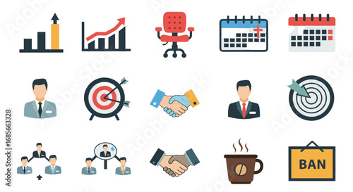 Collection of business themed icons and symbols in flat style
