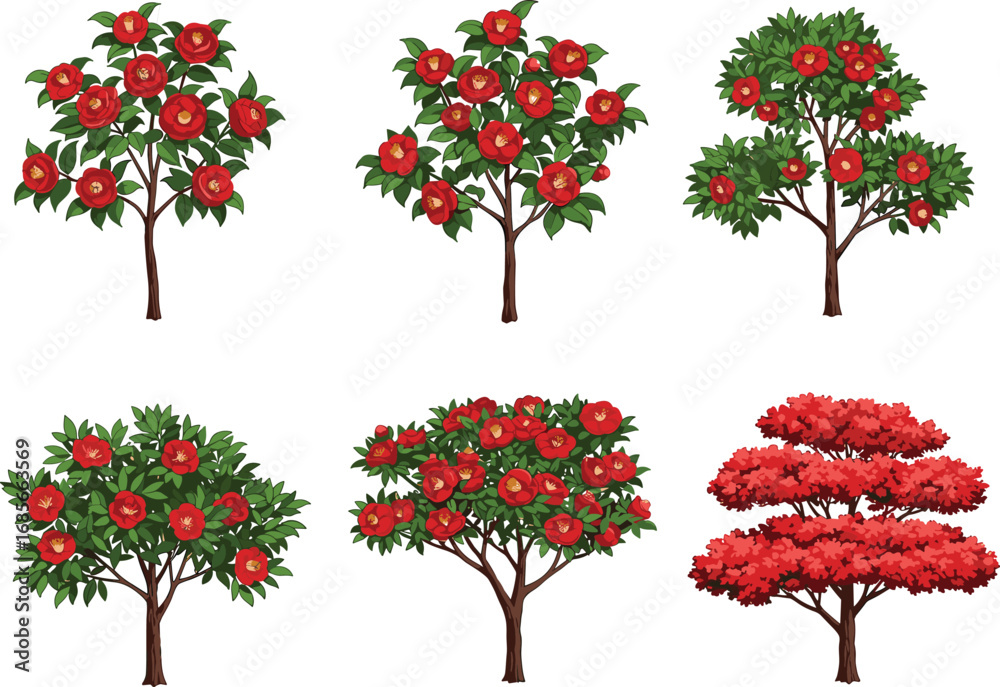 Naklejka premium Set of Six Red Blossom Trees with Unique Canopy Shapes and Foliage Patterns for Botanical, Landscape, and Decorative Vector Design