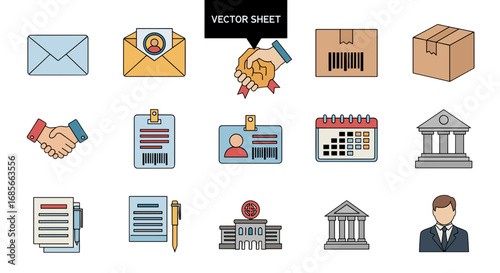 Illustration sheet with business and office related icons