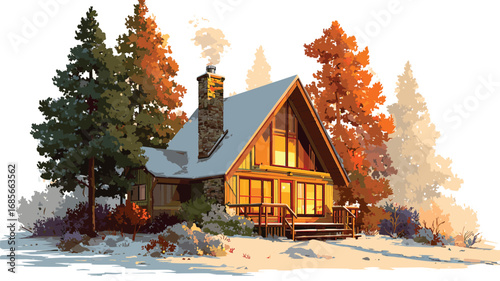Cozy A‑frame log cabin with chimney surrounded by snowy pines and autumn‑toned trees at sunrise



