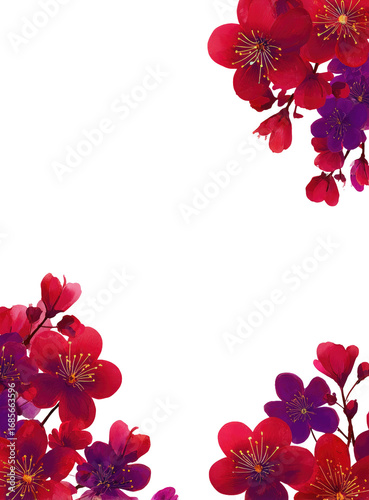 Vibrant red and purple flowers frame a black background