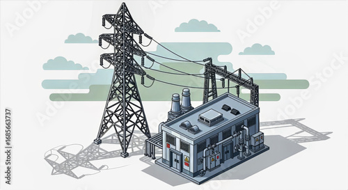 Illustration of a power plant with a transmission tower against a cloudy sky in a stylized design