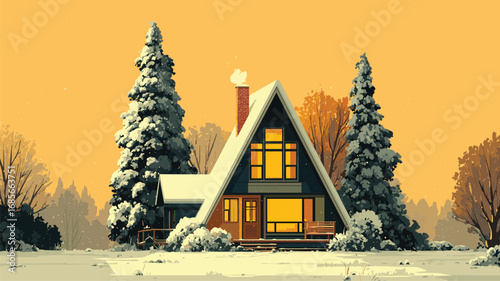 Front view of warm lit triangular cabin in deep snow with tall pines under golden evening sky

