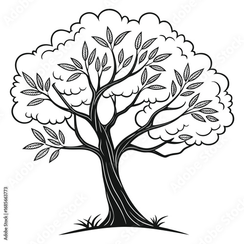 "Create a detailed black silhouette of a leafless, gnarled tree with twisting branches spreading out in various directions, giving a sense of eerie, natural complexity and organic flow."