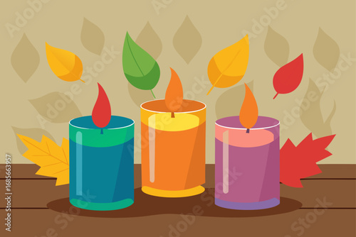 colorful glass candles  wooden surface  autumn lea