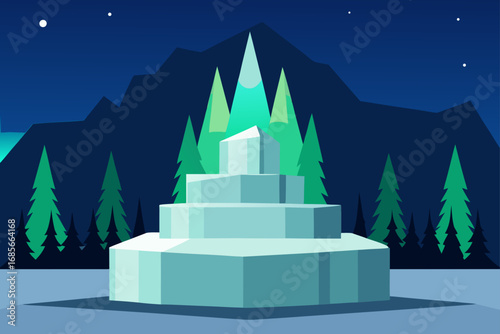 ice podium  ancient fir  northern lights  
