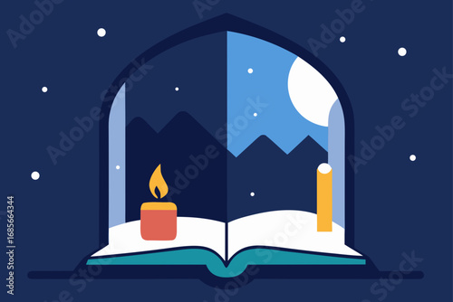 reading nook  open book  candle glow  snow view  